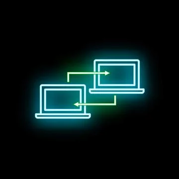 Laptop icons transferring data with neon glow Stock Illustration