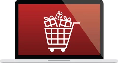 Laptop illustration with red screen, shopping cart and gift icons - vector gr Stock Illustration