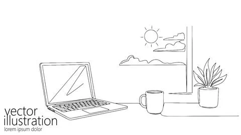 Laptop illustration on table next to window. Features coffee mug plant sun and Stock-Illustration