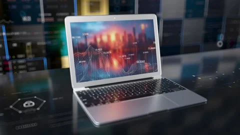 Laptop Info data HUD desk 3D technological display Stock Footage 290881096
