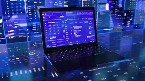 Laptop Info data HUD desk 3D technological display server room Stock Footage 290887000