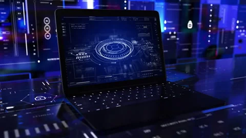 Laptop Info data HUD desk 3D technological display Video stock 291131127