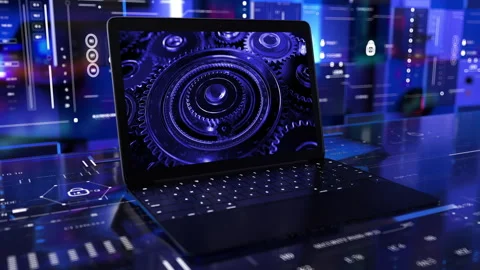 Laptop Info data. Metallic gears. Video stock 291130983