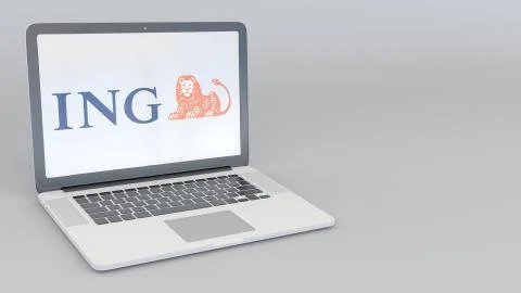 Laptop with ING Group logo. Computer technology conceptual editorial 3D Stock Illustration