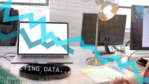 Laptop initiating data collection, animated blue graphs sweeping across desk Stock Footage 334465896