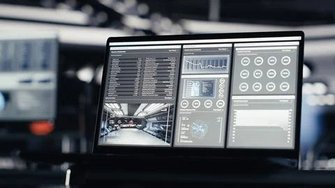 Laptop inside high tech spaceship cockpit running data analysis of Mars Stock Photos