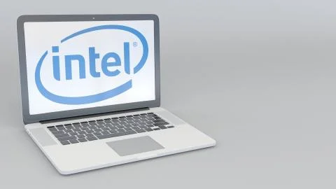 Laptop with Intel Corporation logo. Computer technology conceptual editorial 3D Stock Illustration