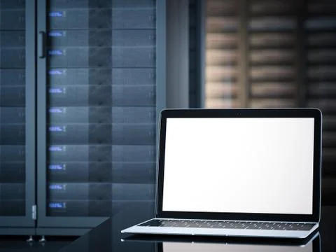 Laptop in interior of server room. 3d rendering Fotos de archivo
