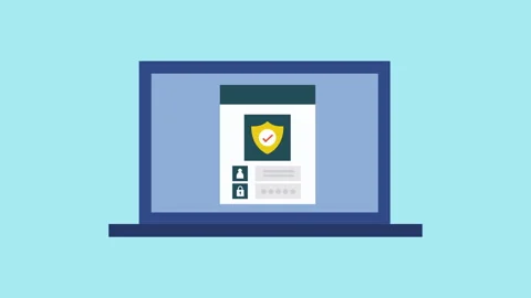 Laptop Internet security system protecting user data 2d with alpha matte Stock Footage 336039350