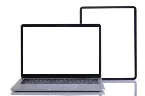 Laptop isolate and tablet isolate behide with empty space on white background Stock Photos