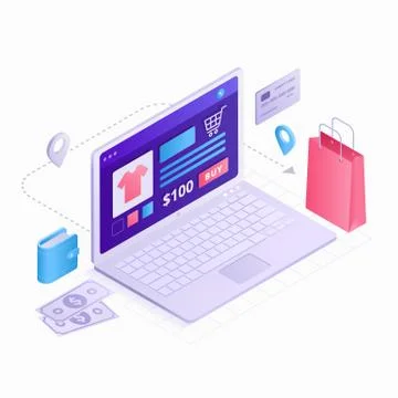 Laptop Isometric 3D flat design vector illustration. Online shopping concept Stock Illustration