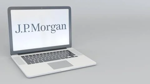 Laptop with J.P. Morgan logo. Computer technology conceptual editorial 3D Illustrazione stock