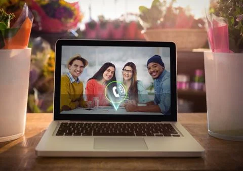 Laptop kept on table with video calling screen Stock Photos