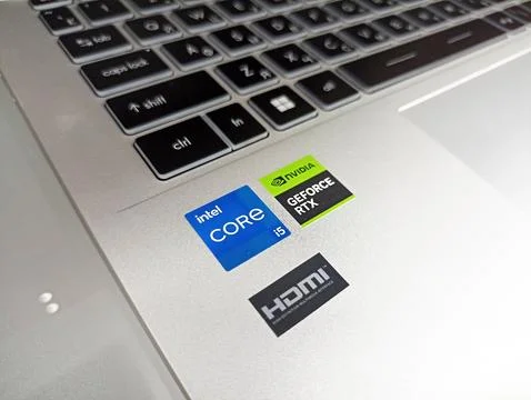 Laptop keyboard with intel core i5 geforce rtx and hdmi stickers Stock Photos