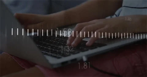 Laptop keyboard typing being animated in flat design, showing equalizer bars and Stock Footage 308677658