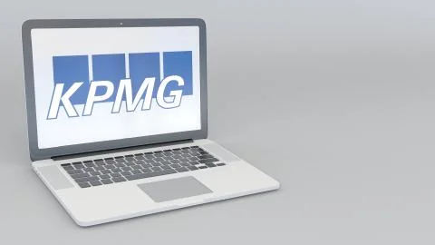 Laptop with KPMG logo. Computer technology conceptual editorial 3D rendering Illustrazione stock