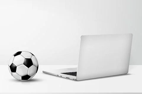 Laptop with laptop back side view and soccer ball on table realistic mockup.  스톡 일러스트
