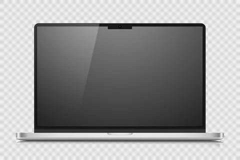A laptop layout with a black screen and reflection on a transparent background. Stock Illustration