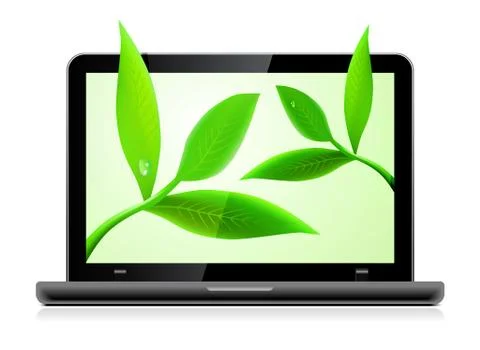 Laptop with leaves on white background Stock Illustration