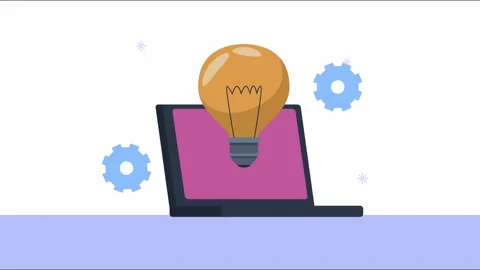 Laptop with light bulb and gears motion graphic animation, symbolizing new .. Stock Footage 339049545