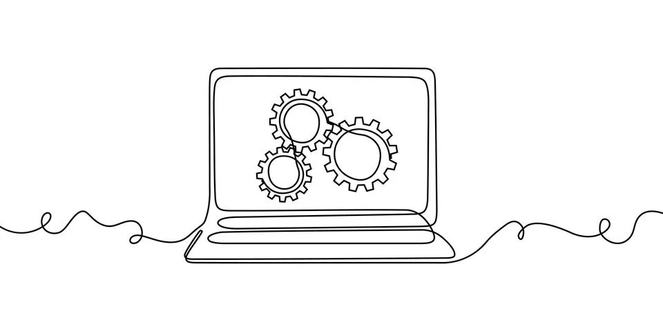 Laptop line continuous computer screen office work art pc outline illustration Stock Illustration