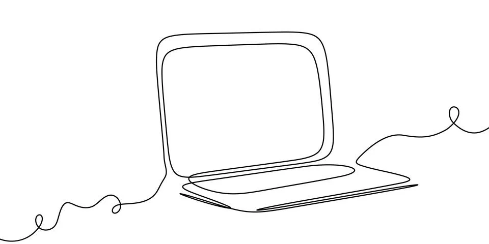 Laptop line continuous outline computer screen office work art pc illustration Stock Illustration