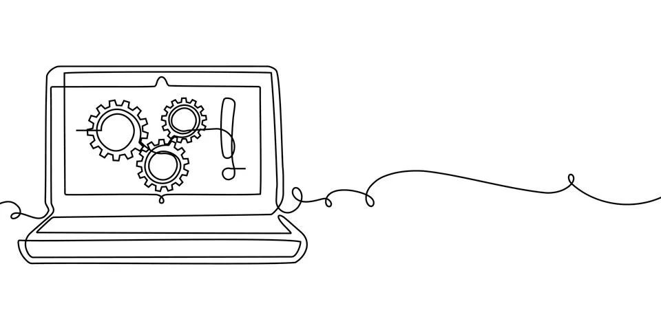 Laptop line continuous screen computer office work art pc outline illustration Stock Illustration