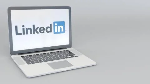 Laptop with LinkedIn logo. Computer technology conceptual editorial 3D rendering Stock Illustration