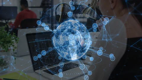Laptop loading network globe forming above keyboard with orbiting icons woman Vídeo Stock 312240695
