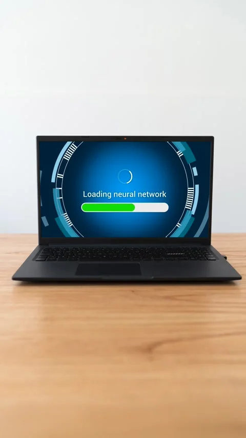 Laptop loading neural network to work with artificial intelligence. Vertical Stock Footage 310334516