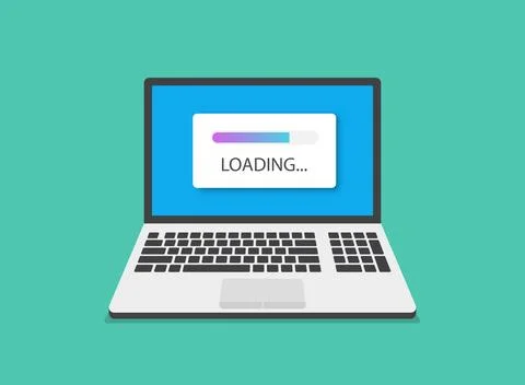 Laptop loading process icon in flat style. Software update vector illustrat.. Illustrazione stock