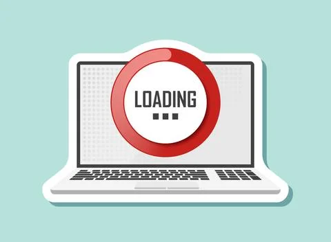 Laptop loading process sticker icon in flat style. Software update vector i.. Stock Illustration