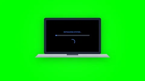 Laptop loading progress bar initializing system on screen with green background Stock Footage 346735727