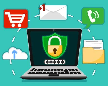 Laptop with lock and password. Protection of computer data. Stock Illustration
