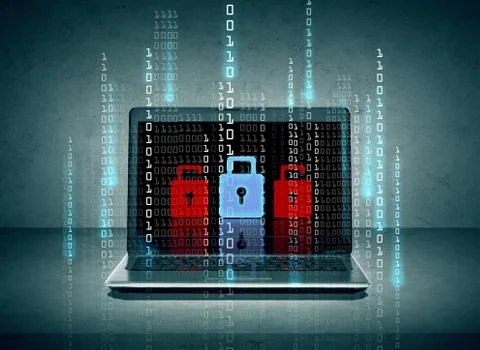 Laptop with lock icons and binary code on screen Stock Photos