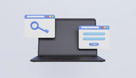 Laptop with login screen and key icon, password verification, user and password Stock Illustration