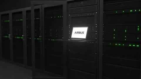 Laptop with the logo of AIRBUS on the screen in a server room. Conceptual Stock Illustration