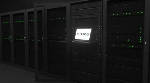 Laptop with the logo of CHASE on the screen in a server room. Conceptual Stock Illustration