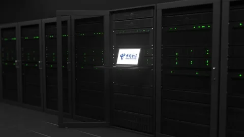 Laptop with the logo of CHINA TELECOM on the screen in a server room. Conceptual Stock Footage 148483248
