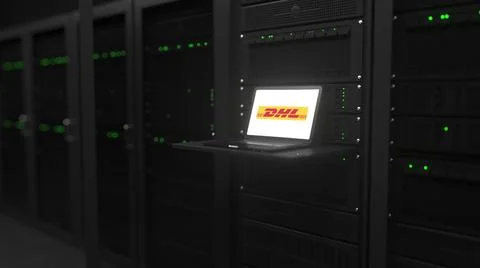 Laptop with the logo of DHL on the screen in a server room. Conceptual editorial 스톡 일러스트