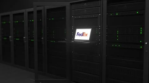 Laptop with the logo of FEDEX on the screen in a server room. Conceptual Stock Illustration