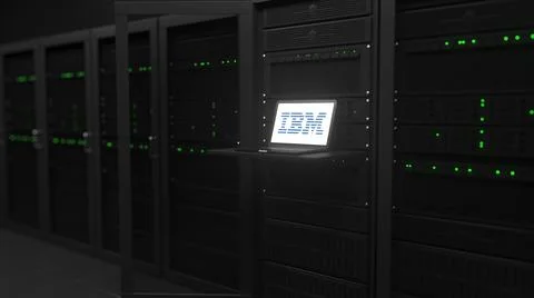 Laptop with the logo of IBM on the screen in a server room. Conceptual editorial 스톡 일러스트