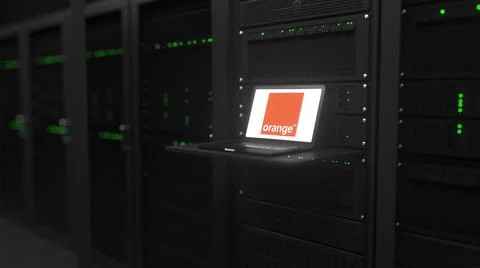 Laptop with the logo of ORANGE on the screen in a server room. Conceptual 스톡 일러스트