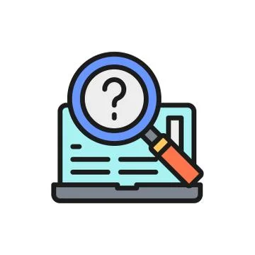 Laptop with loup, pc support flat color line icon. Stock Illustration