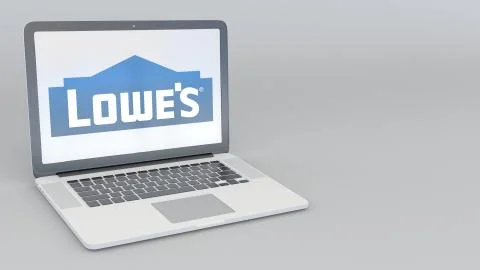 Laptop with Lowe's logo. Computer technology conceptual editorial 3D rendering 스톡 일러스트