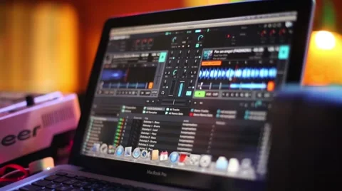 Laptop MacBook Pro with software for DJs in bar Theme. Stock Footage 45228942