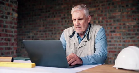 Laptop, man and architect on site with typing for email on building, maintenance Stock Footage 337034351