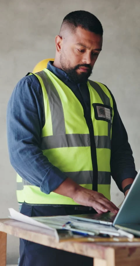 Laptop, man and construction worker in office typing for material delivery for Stock Footage 331926433