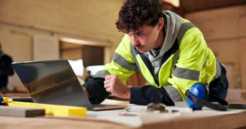Laptop, man and construction worker with blueprint on site for repairs, building Video stock 338046322
