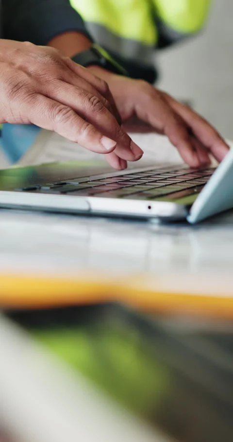 Laptop, man and hands of construction worker in office typing for material Stock Footage 331928064